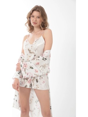 Nuitamore Ekru Çiçek Desenli Ipek-Saten 3'lü Şort Takım Sabahlık .