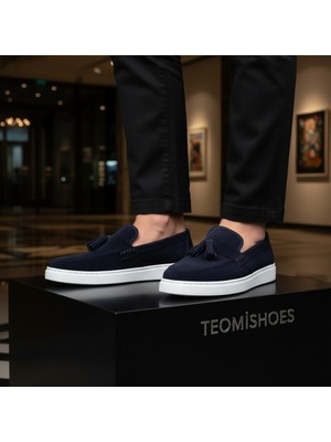 By Barretti Lacivert Süet Püsküllü Beyaz Taban Loafer