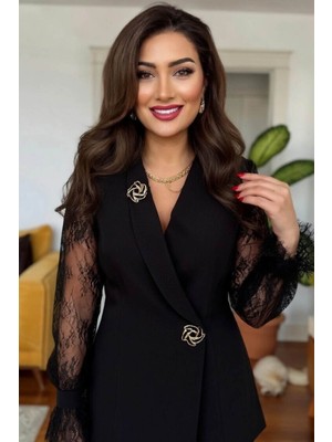 Zishan Fashion Güpür Kol Detaylı Kruvaze Blazer Ceket & Pantolon Takımı - Premium Krep Kumaş | 36055