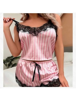 Nuitamore Pembe Çizgili Saten Dantelli Şortlu Takım - Şık ve Rahat Ev Giyimi
