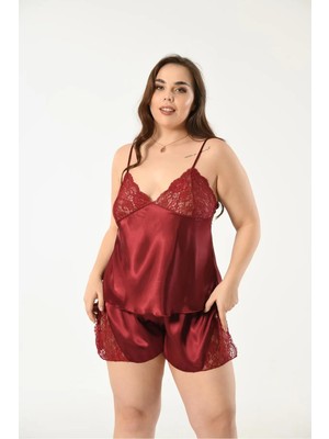 Nuitamore Bordo Dantelli Saten Büyük Beden Şort Takım – Tutkulu ve Zarif