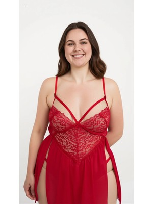 Nuitamore Siyah & Kırmızı Dantel Transparan Büyük Beden Gecelik – Yan Yırtmaçlı Şifon