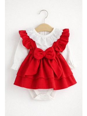 Dinamik çocuk Kız Bebek Waffle Kumaş Fiyonklu Elbise & Dantelli Badi 2'li Takım 0-3-6-9-12AY Bayramlık Şık Elbise
