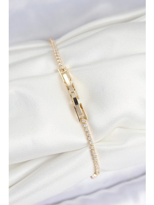 VeraGlobe Buğz Pirinç Zirkon Taşlı Kare Model Gold Renk Kadın Bilekilk - Buğz