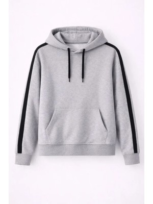 Sidelya Concept Erkek Şeritli Kapüşonlu Sweatshirt Oversize 3 Iplik Pamuklu - Gri