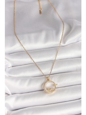 VeraGlobe Buğz 316L Çelik Gold Renk Zincir Zirkon Taşlı Ay Yıldız Model Sonsuzluk Detay Kadın Kolye - Buğz