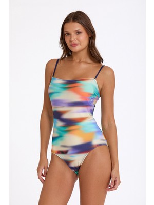 Argento Kadın Lacivert Batik Desenli Ince Kaplı Çıkarılabilir Askılı Straplez Mayo