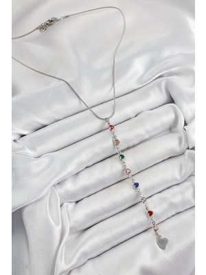 VeraGlobe Buğz Pirinç Gümüş Renk Karışık Renk Zirkon Taşlı Kalpli Y Kadın Kolye - Buğz