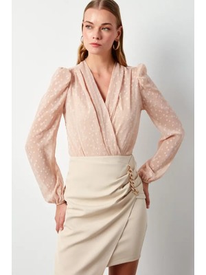 Sateen Desenli Kruvaze Bodysuit Bluz - Lacivert