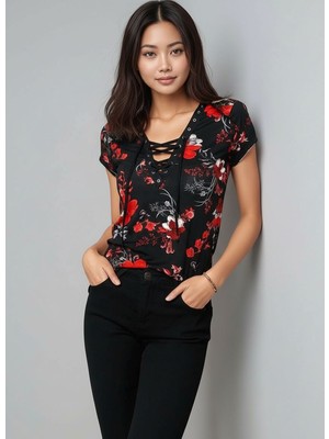 Mamayaga Kadın  V Yaka Kuş Gözü Bağcıklı Tasarım Yarım Kol Spor Şık Curve Viskon Bluz