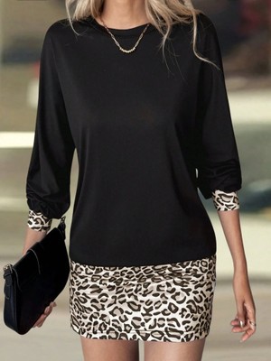Pusula Sepeti Kadın Uzun Kollu Bisiklet Yaka Üst Viskon Iki Iplik Alt Leopar Desenli Mini Elbise