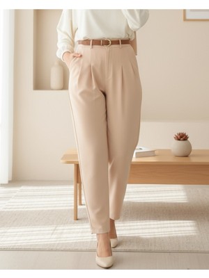 Modamorfo Pileli Cepli Kemerli Bilek Pantolon -Bej