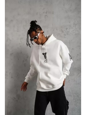 Moda Loris Unisex Sırt Baskılı Kapüşonlu Üç Iplik Oversize Sweatshirt - Beyaz