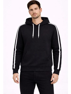 Infivento Erkek Şeritli Kapüşonlu Sweatshirt Oversize 3 Iplik Pamuklu - Siyah