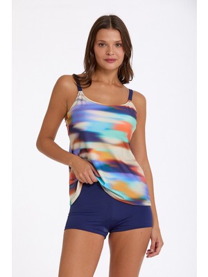 Argento Kadın Lacivert Batik Desenli Ince Kaplı Yuvarlak Yaka Şortlu Tankini