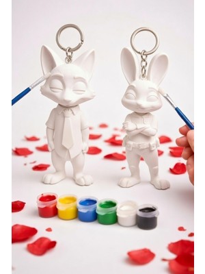 Printella Zootopie Tilki Tavşan Anahtarlık Boyama Seti – 6 Renk Akrilik Boya + 2 Fırça Hobi Seti