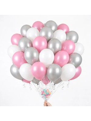 Joyane Bebek Pembe Beyaz Metalik Gümüş Balon Seti | 24 Adet Baby Shower Hastane Odası Süsleme