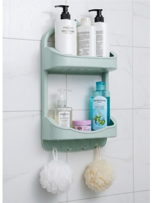 Abnturk Su Yeşili Banyo Rafı 2 Katlı Askılı Şampuanlık 47X27 Boyu Paslanmaz Heryere Tek Kanca Pratik Montaj