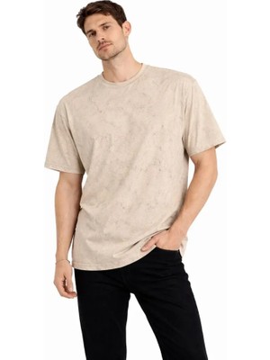Civetta Erkek Asit Yıkama Bisiklet Yaka Kısa Kollu Oversize T-Shirt Tişört - Bej