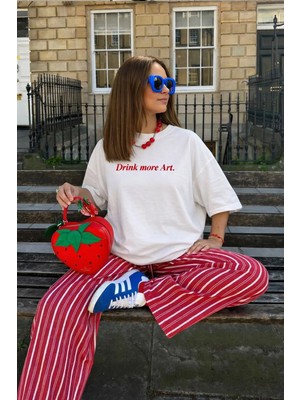 Monila Kadın Premium Kumaş Ekru Yazı Baskılı Oversize T-Shirt