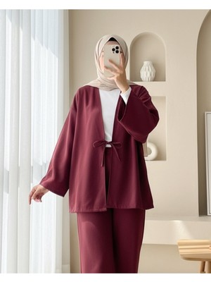 Modamorfo Önü Bağcıklı Poplin Kimono -Bordo