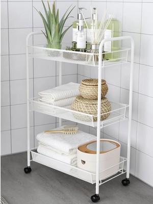 IKEA Quality Tekerlekli Servis Arabası 26X48X77 cm Çelik Banyo Rafı 3 Katlı Servis Sehpası Beyaz Renk Raf