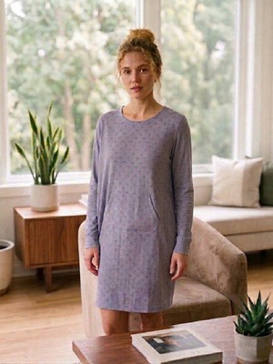 U&me Owl Mini Baykuş Desenli Uzun Kollu Cepli Pamuk Kadın Gecelik, Rahat Ev Giyimi Lila