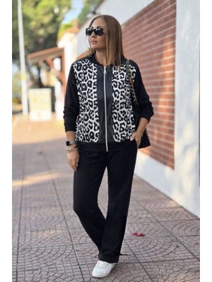 Deridün Yıldız Shoes Kadın Uzun Kollu Önden Fermuarlı Leopar Desenli Viskon Iki Iplik Bluz ve Pantolon Ikili Takım
