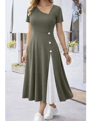 Kadın Kısa Kollu Asimetrik Yakalı Düğme Detaylı Midi Viskon Elbise