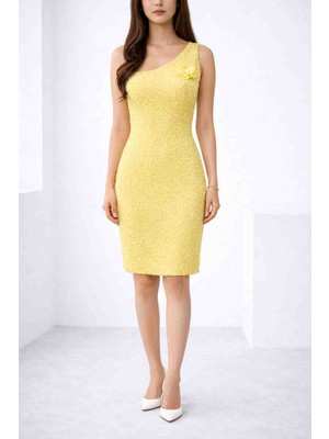 Tek Omuz Çiçek Detaylı Kadın Elbise