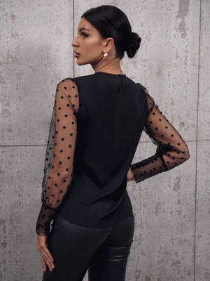 Ulak Handmader Kadın Uzun Kollu Bisiklet Yaka Kollar Puantiyeli Tül Detaylı Sandy Bluz