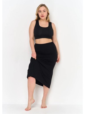 Lirona A+ Kalite Vıskon Kumaş Kırışmaz Diz Altı Uzun Etek Astar Jupon Kombinezon Siyah Kadın