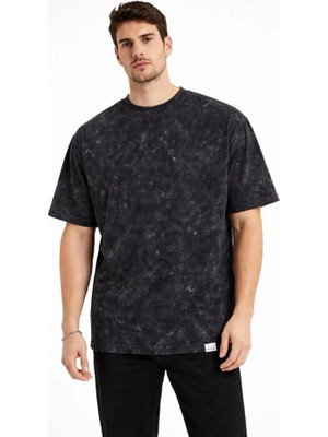 Civetta Erkek Asit Yıkama Bisiklet Yaka Kısa Kollu Oversize T-Shirt Tişört - Siyah