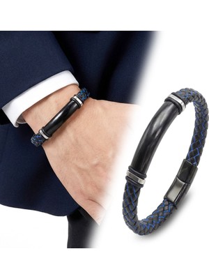Fm 💎 Premium İsim Yazılabilir Mavi Siyah Deri Ve Siyah Titanyum Kilit Bileklik 31833B15D5 - 20 cm