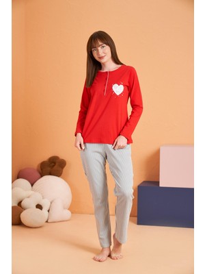 Pjs Kadın Anne-Kız %100 Pamuklu Kalpli Desenli Çizgili Uzun Kollu Pijama Takım