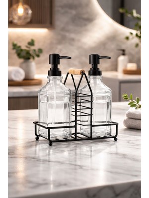 Syn Aksesuar 2’li Cam Sıvı Sabunluk Seti Paslanmaz Çelik Standlı – Mutfak & Banyo Organizer