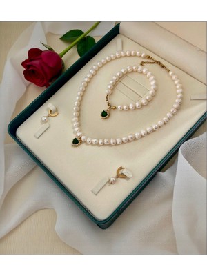 Harikalar Aksesuar Sertifikalı Gerçek Doğal Beyaz Inci Kadın Bileklik Küpe Kolye Çelik Klips Zirkon Kalp Yeşil Charm