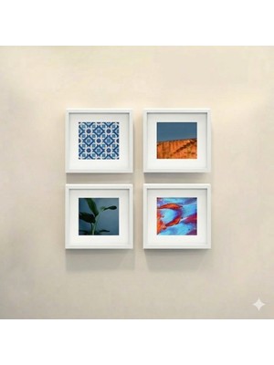 Aley Life Yapışkanlı Beyaz Sök Tak 21 X21 cm Paspartulu Klasik Kare Çerçeve Set - 4'lü Paket