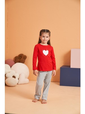 Pjs Kız Çocuk Anne-Kız %100 Pamuklu Kalpli Desenli Çizgili Uzun Kollu Pijama Takım
