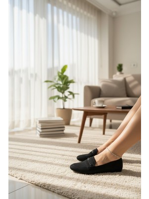 Enoch Kadın Mikro Taşlı Bant Detaylı Süet Görünümlü Siyah Babet