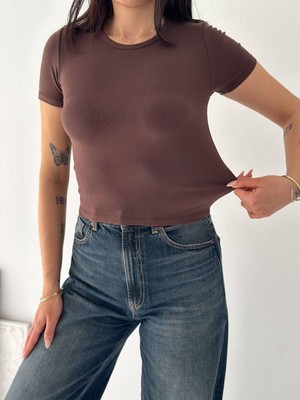 Noa Noa Kadın Kısa Kollu Modal Kumaş Crop T-Shirt