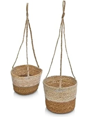 Esranın Dünyası Doğal Hasır Saksılık Seti, 2'li Asılabilir Yuvarlak Saksı