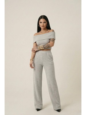 Zeravie Butik Premium Seri Kayık Yaka Kruvaze Crop & Geniş Paça Pantolon Ikili Set