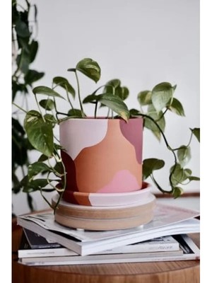 Esranın Dünyası Doğal Terracotta Saksı ve Tabak - Pembenin Tonları (Küçük)