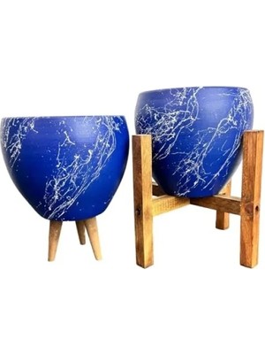 Esranın Dünyası Lacivert Beyaz Mermer Efektli Ikili Saksı Seti - 15 cm