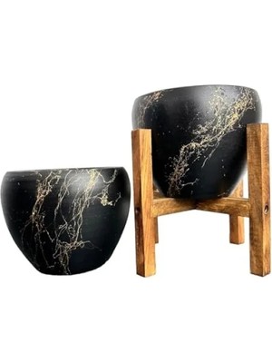 Esranın Dünyası Gold Mermer Efektli Siyah Toprak Saksı Seti - Ikili, 4 Ayaklı ve Ayaksız Tasarım