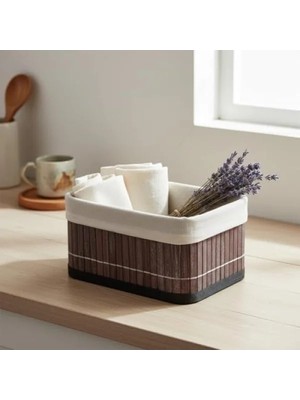 Esranın Dünyası Mini Dikdörtgen Bambu Düzenleyici - Gri Ahşap Saklama Sepeti (20X15X10 Cm)