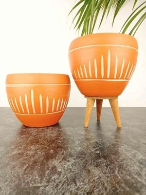 Esranın Dünyası Dik Çizgi Desenli Terrakota Toprak Saksı - Ikili Set - 15 cm - Ayaksız