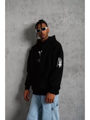 Infivento Unisex Sırt Baskılı Kapüşonlu Üç Iplik Oversize Sweatshirt - Siyah