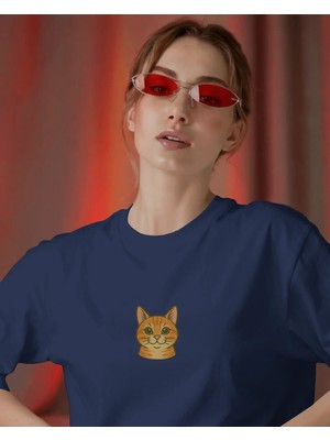 Muhtar Store Sarman Kedi Baskılı Kadın Oversize Tişört – Minimal Turuncu Kedi Tasarım